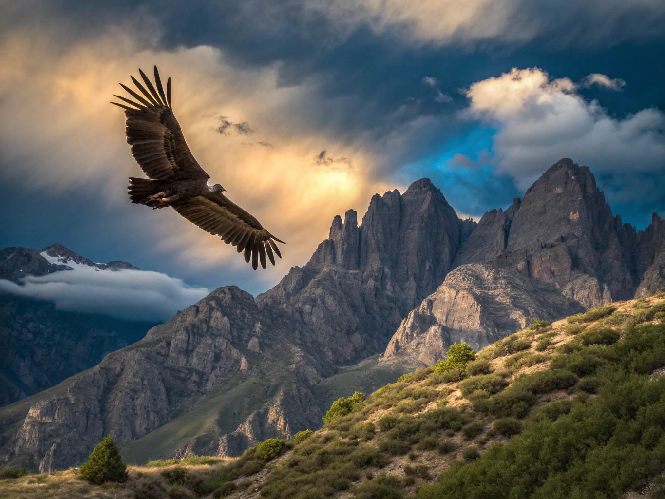 Silhouetted Andean Condor banking with outstretched primary feathers across granite spires