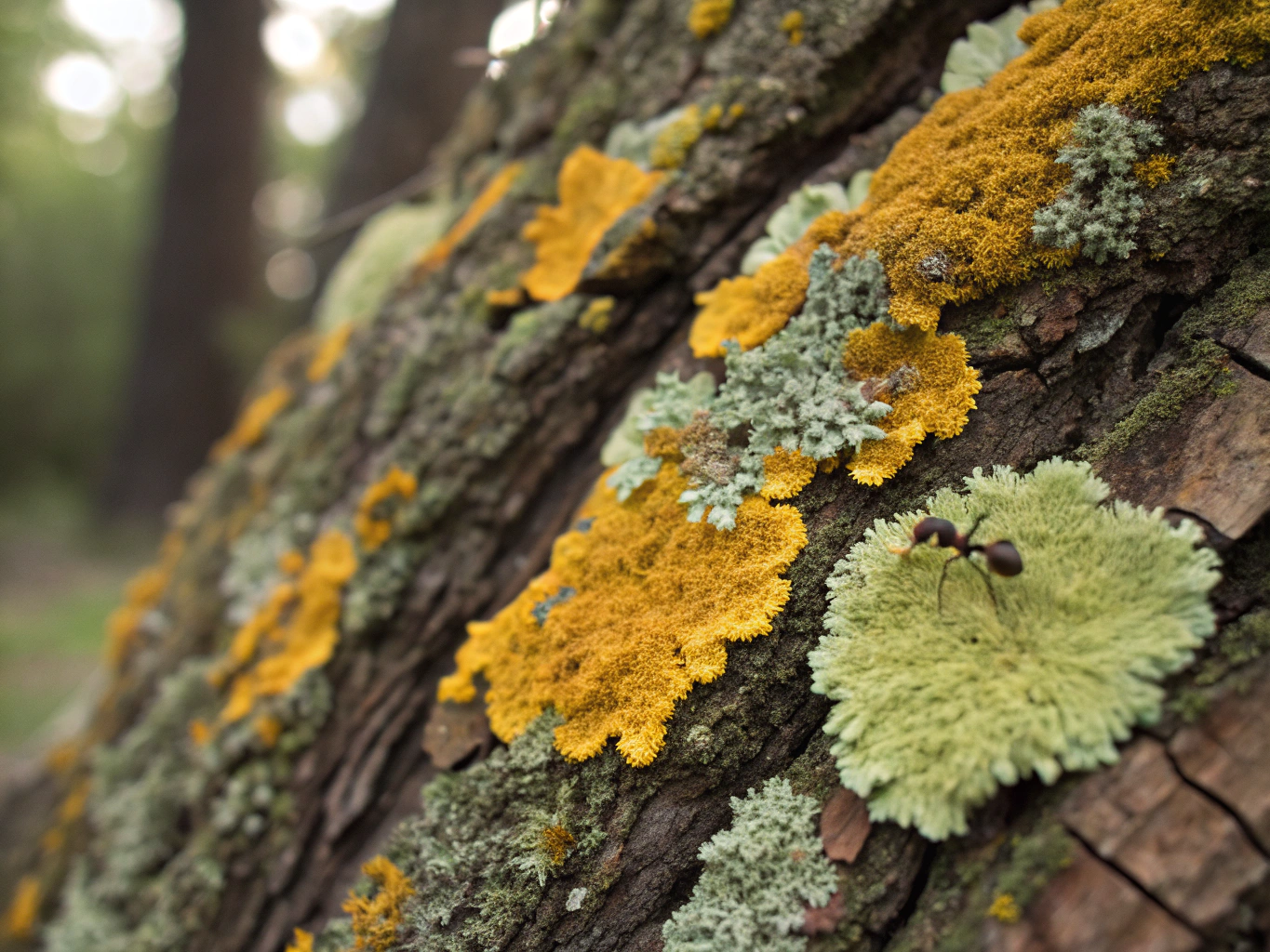 Macro botanical study of yellow and olive lichen colonizing dark volcanic basalt