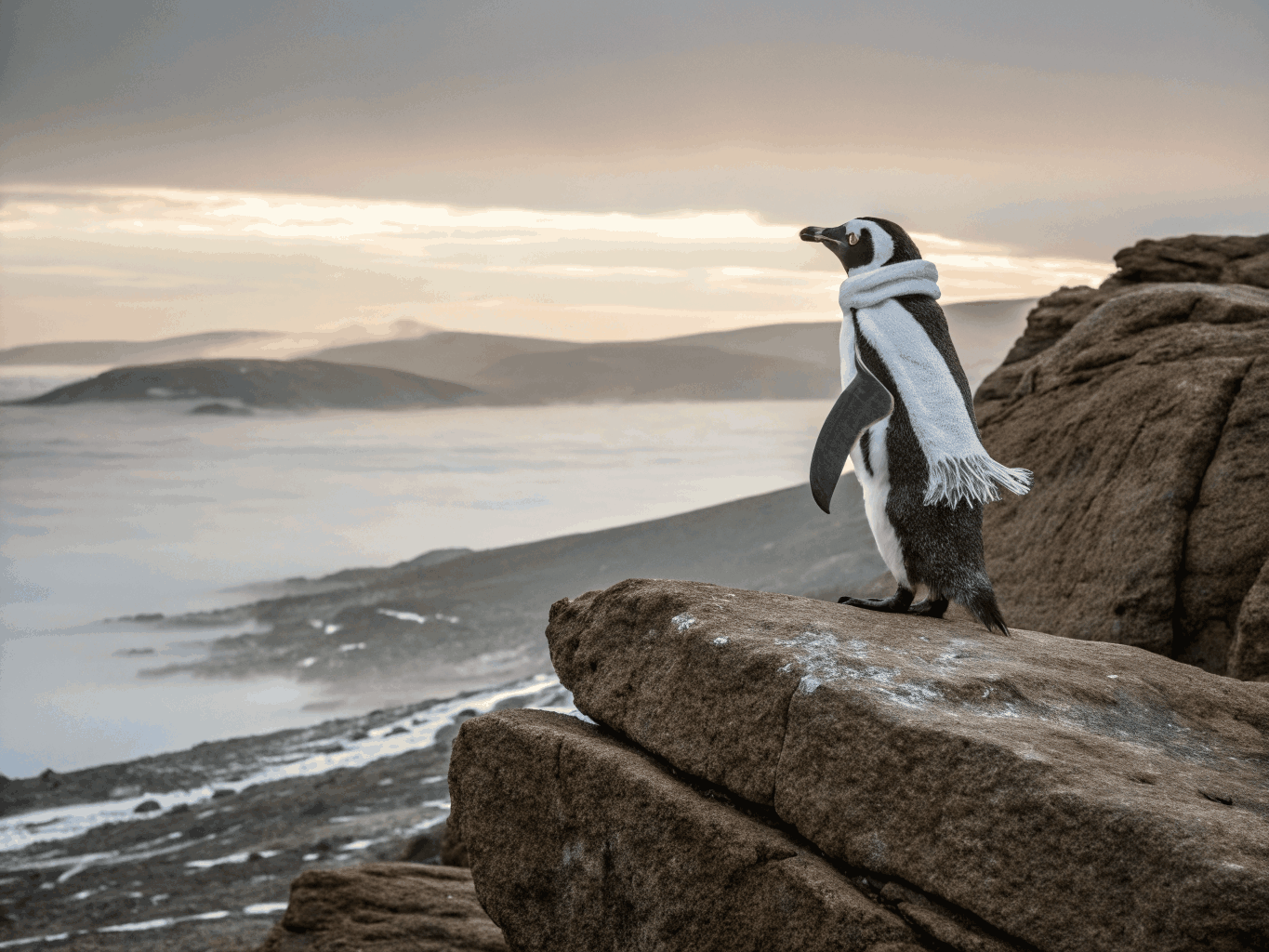 Fiordland penguin surrounded by wet moss and coastal temperate rainforest
