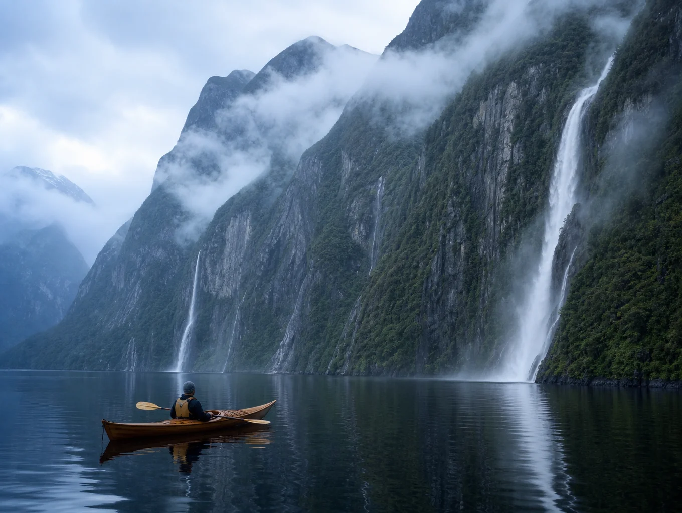 Sheer glacial walls rising through low-hanging mist over deep fjord waters