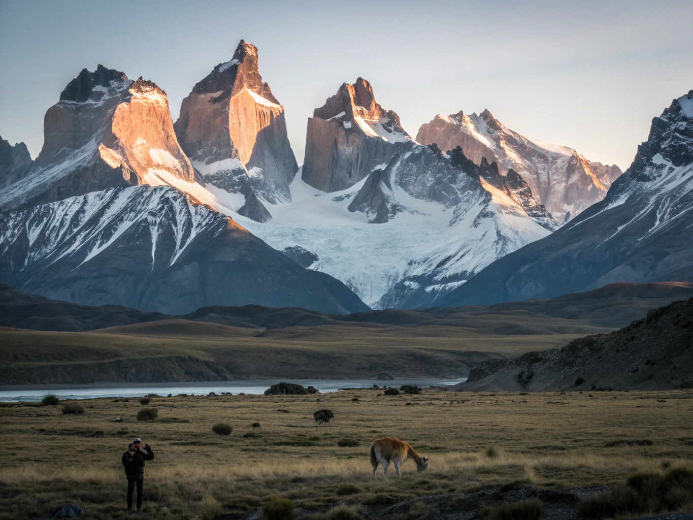 Guanaco overlooking windswept Patagonian steppe under dramatic evening clouds