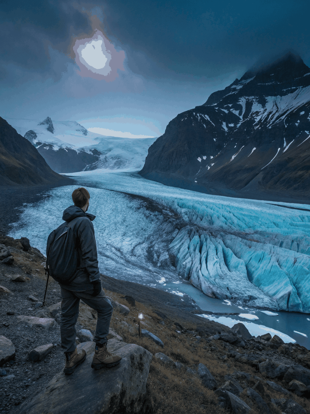 Photographer in expedition parkas standing amidst volcanic and glacial terrain