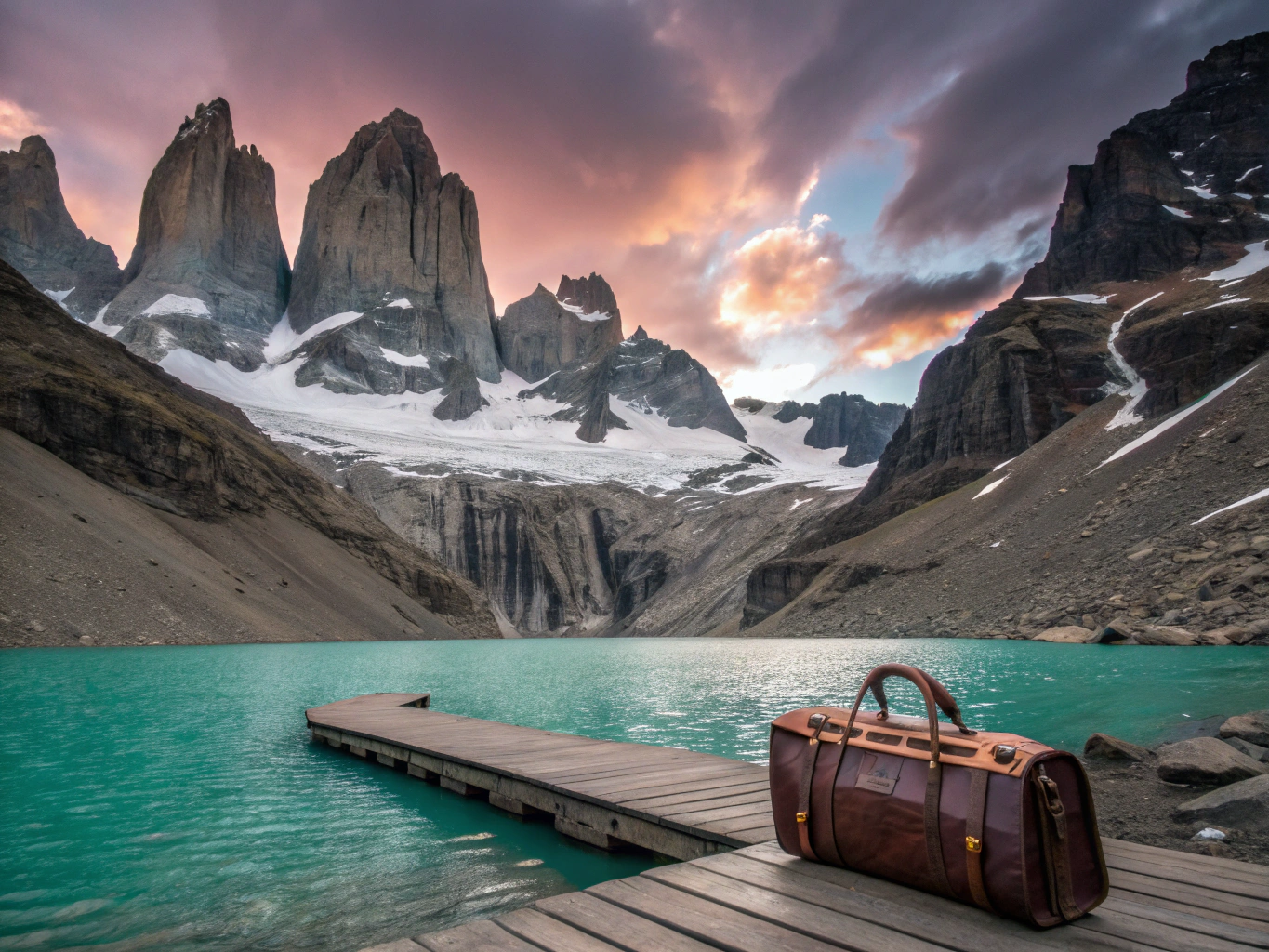 Turquoise glacial lagoon beneath the three iconic horn towers of Torres del Paine